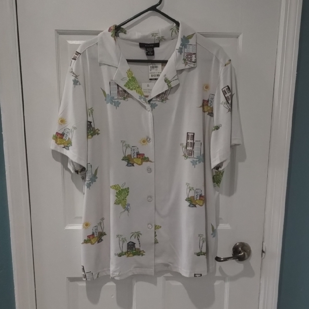 Kaktus White Casual Button Down Shirt with Leaf Print